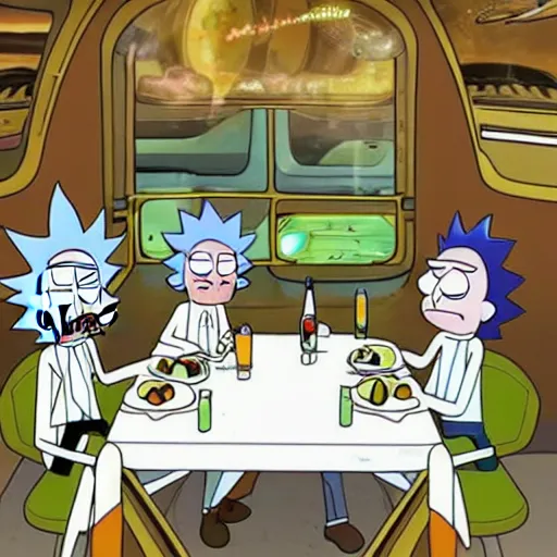 Image similar to rick and morty having dinner in spaceship metallic, layered paper style