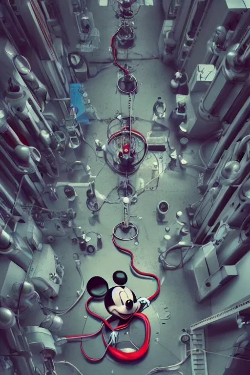 Prompt: top view of many mechanics in lab facility looking at bloody mickey mouse head lifted by claw, made by beeple, cgsociety, artgerm, greg rutkowski, highly detailed intricate 4 k art, low light cinematic, octane render, unreal engine, smooth concept art