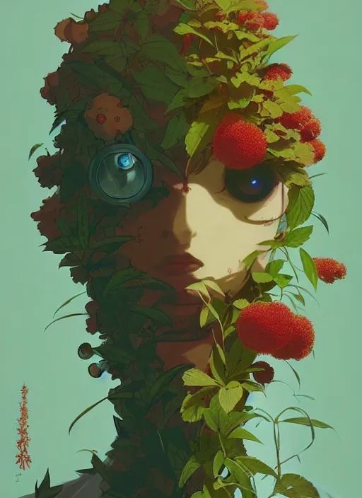 Image similar to flat surreal design by satoshi kon and greg rutkowski, a cyborg face in some plants with flowers and berries for a face, 6 0's retro sci - fi art