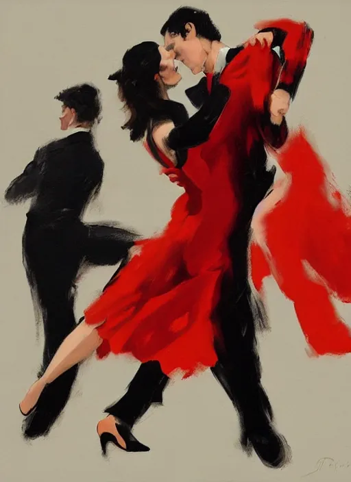 Image similar to tango dancers in red dress and black suit, painting by phil hale, fransico goya,'action lines '!!!, graphic style, visible brushstrokes, motion blur, blurry, visible paint texture, crisp hd image