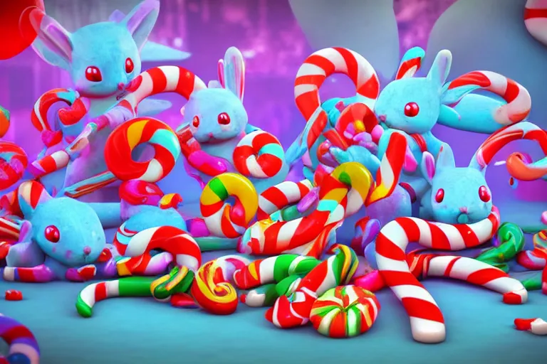 Prompt: an epic fantastic realism comic book style painting of an enchanted dreamland of cute candy critters, gumdrop bunnies, candy cane serpents and love, cinema 4 d, hd, dynamic lighting