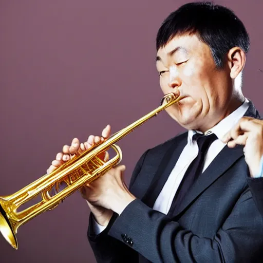 Prompt: middle aged japanese man in a suit and tie playing the trumpet in a ska band