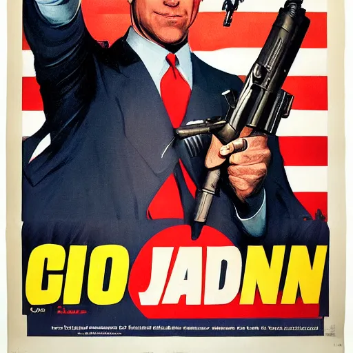 Image similar to propaganda poster of joe biden pointing gun directly at camera in james bond movie, closeup of gun, visible barrel and grip by j. c. leyendecker, bosch, lisa frank, jon mcnaughton, and beksinski