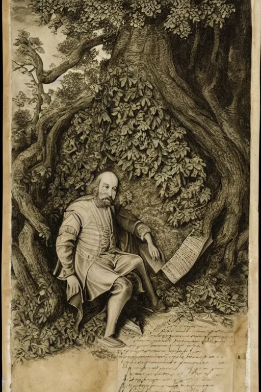 Prompt: shakespeare sitting beneath a shade tree with a big pile of crumpled parchment behind him