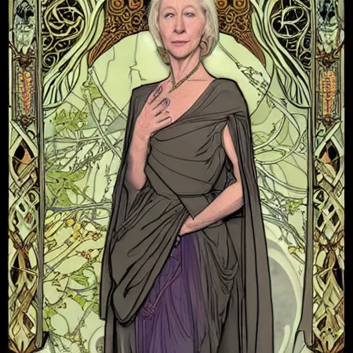 Image similar to helen mirren as galadriel, mucha style,