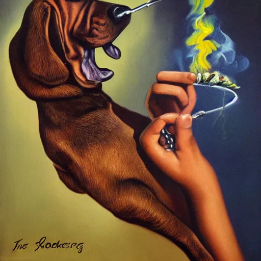 Image similar to a bloodhound smoking a fat blunt oil painting by surreal art 1 9 4 0