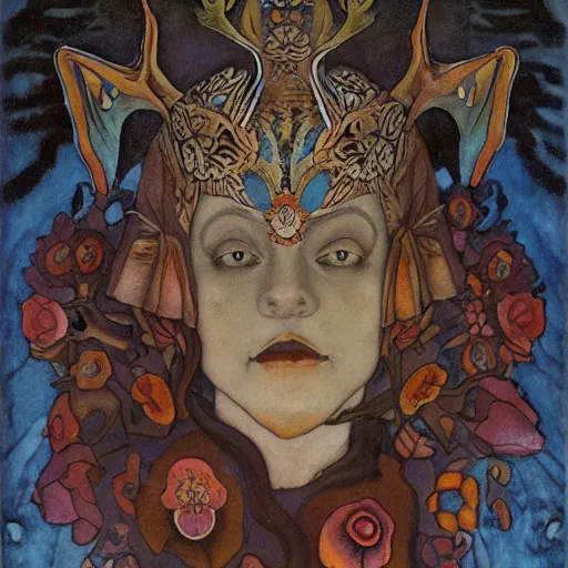 Image similar to the bone crown, by Annie Swynnerton and Nicholas Roerich and (((Diego Rivera))) and (((Edmund Dulac))), bioluminescent skin, floral tattoos, goth costume, geometric ornament, symbolist, rich colors, dramatic lighting, smooth, sharp focus, extremely detailed