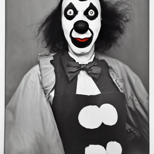 Prompt: portrait of a clown by Diane Arbus, 50mm, black and white photography