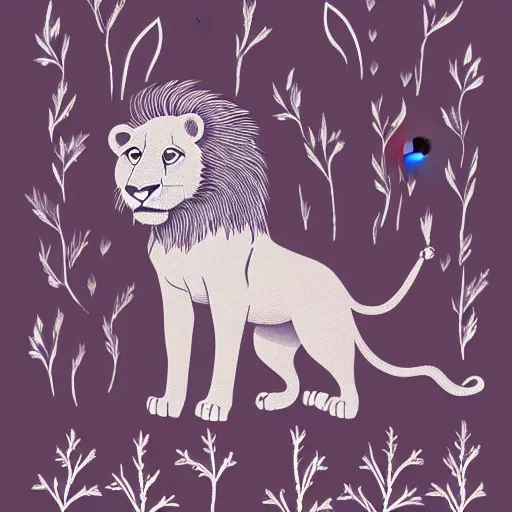 Prompt: Lion in a meadow with hornbeam, Behance, illustration kawaii, vector, sharp focus, 4k