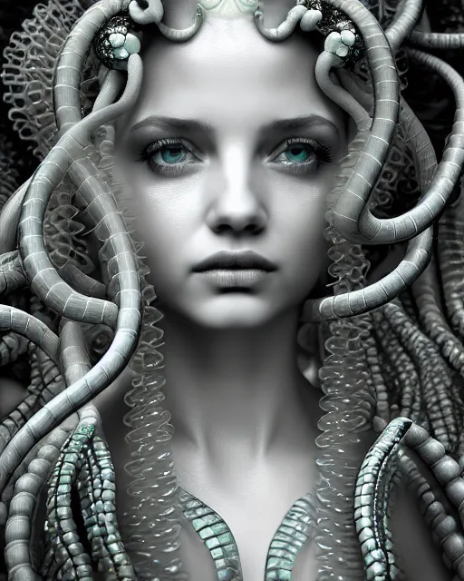 Image similar to mythical dreamy underwater artistic black and white 3 d render of a translucent beautiful young female angelic - medusa - vegetal - doll, highly detailed, intricate crystal ivy jelly ornate, poetic, translucent algae ornate, digital art, octane render, 8 k artistic photography, photo - realistic, hg giger flora borsi