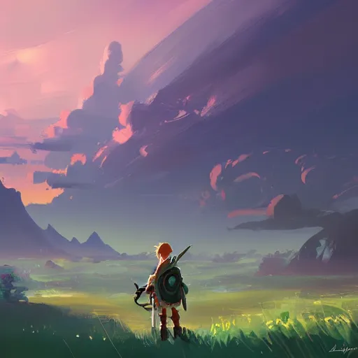 Prompt: landscape painting, digital art, lasso tool, large brushstrokes, photoshop brush, environment concept art, by rossdraws, breath of the wild, ghibli