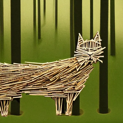 Prompt: a highly detailed cat made entirely of sticks, standing in a clearing in a forest. There is a ray of sunlight shining on it. Faded colors, calm, green feelings
