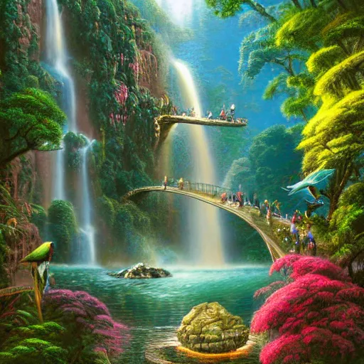 Prompt: waterfall bird rave nature photography rich 8 k detailed matte painting by lisa frank, evgeny lushpin, paul lehr, beksinski, victo ngai, thomas kinkade, benoit mandelbrot, tomasz alen kopera