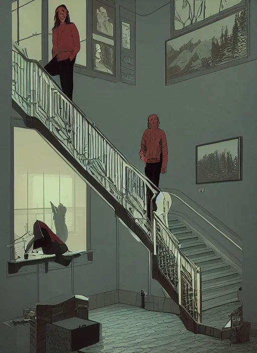 Prompt: Twin Peaks poster artwork by Michael Whelan and Tomer Hanuka, Rendering of the stairs in the domestic house, full of details, by Makoto Shinkai and thomas kinkade, Matte painting, trending on artstation and unreal engine