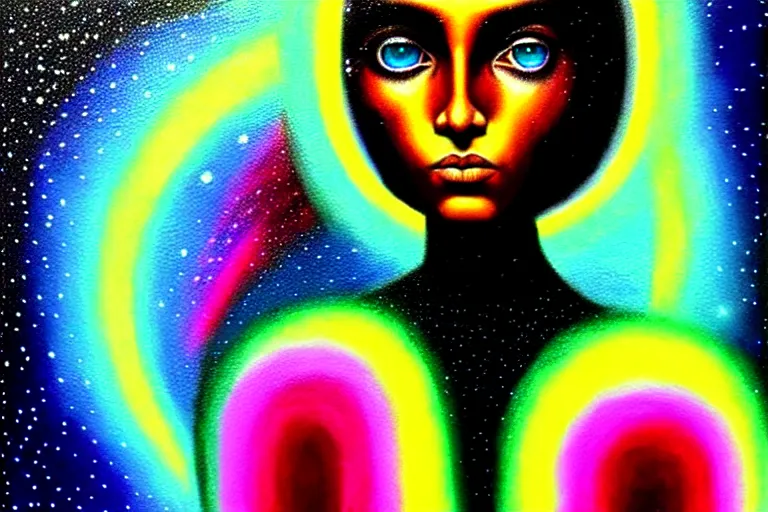 Image similar to patron saint of 🛸🌈👩🏾, futuristic iridescent clothing, wormhole, nebula, black hole, multiverse, neon god of city character portrait, in the style of margaret keane, moebius, tom bagshaw, and waterhouse, cinematic lighting, beautiful, elegant, oil painting,