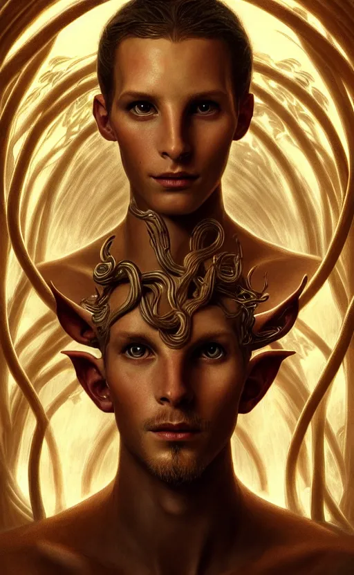 Image similar to portrait of pan from pan's labyrinth, deep focus, blade runner 2 0 4 9, fantasy, intricate, elegant, highly detailed, digital painting, artstation, concept art, matte, sharp focus, illustration, art by artgerm and greg rutkowski and alphonse mucha