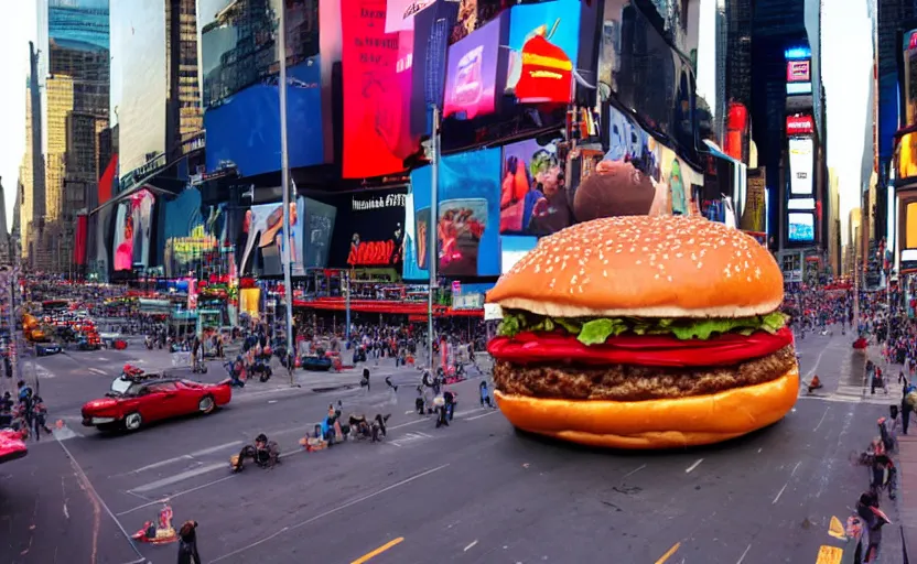 Prompt: a photo of a giant hamburger in the middle of the street in times square,