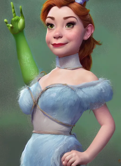 Image similar to portrait of shrek as a disney princess, au naturel, hyper detailed, digital art, trending in artstation, cinematic lighting, studio quality, smooth render, unreal engine 5 rendered, octane rendered, art style by klimt and nixeu and ian sprigger and wlop and krenz cushart.