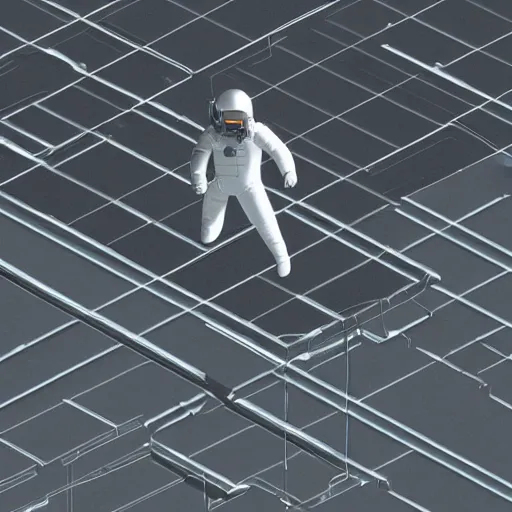 Prompt: man in silver space suit, walking on an industrial catwalk suspended in the darkness of space, surrounded by stars, photograph, isometric view