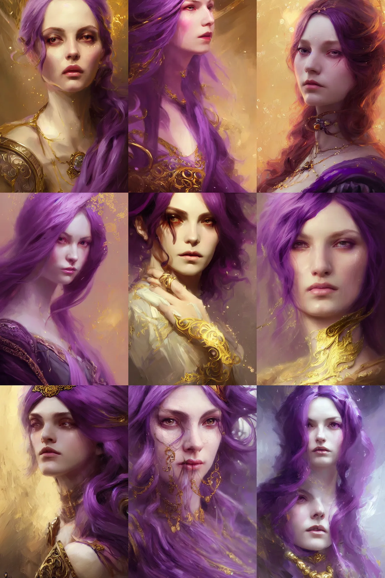 Prompt: beautiful sorceress female, portrait, close up, long violet hair, victorian clothing, fantasy, intricate, golden trims, elegant, highly detailed, oil painting, artstation, concept art, sharp focus, illustration, art by ruan jia