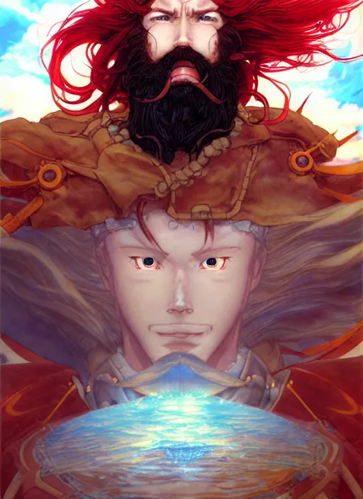 Image similar to prompt : ragnarok online portrait soft light painted by james jean and katsuhiro otomo and erik jones, inspired by akira anime, epic fantasy, a long red haired, red bearded male sky - pirate standing in front of an airship, intricate oil painting, high detail illustration, sharp high detail, manga and anime 1 9 9 9