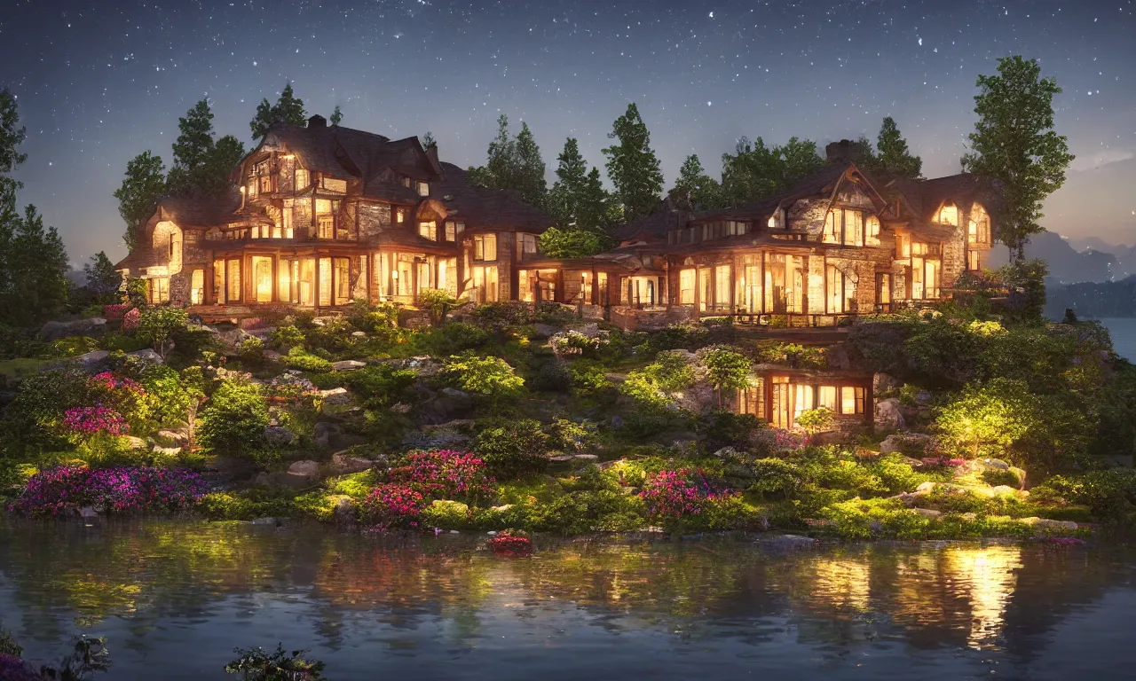 Prompt: a stunning beautiful lake house in the moonlit nightscape, house by the reflective lake in the evening, dreamy, lamps and flowers, beautiful garden, highly detailed, perfect landscape, photorealism, landscape photography, artstation, 4 k