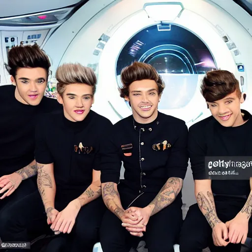 Prompt: the cast of one direction manning the flight deck of the starship enterprise, sixities television