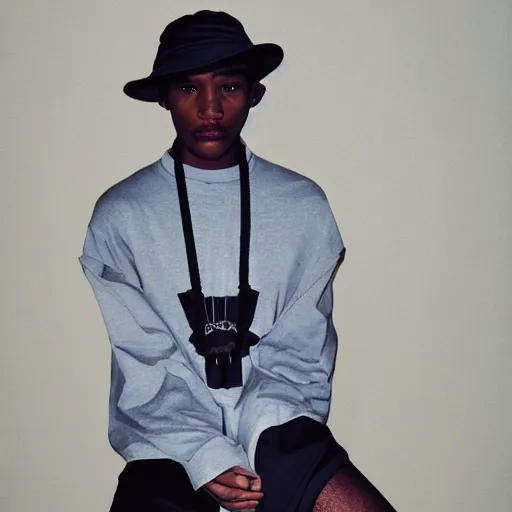 Image similar to realistic photoshooting for a new issey miyake lookbook, color film photography, portrait of a beautiful woman, model is wearing a bucket hat, photo in style of tyler mitchell, 3 5 mm,