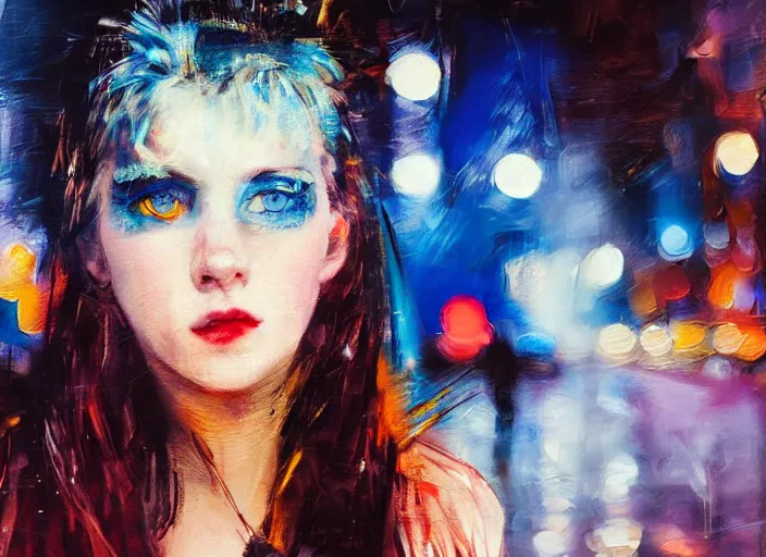 Image similar to detailed portrait of a punk girl with blue eyes in the city street at night, bokeh, long exposure, painting by giovanni boldini christopher doyle