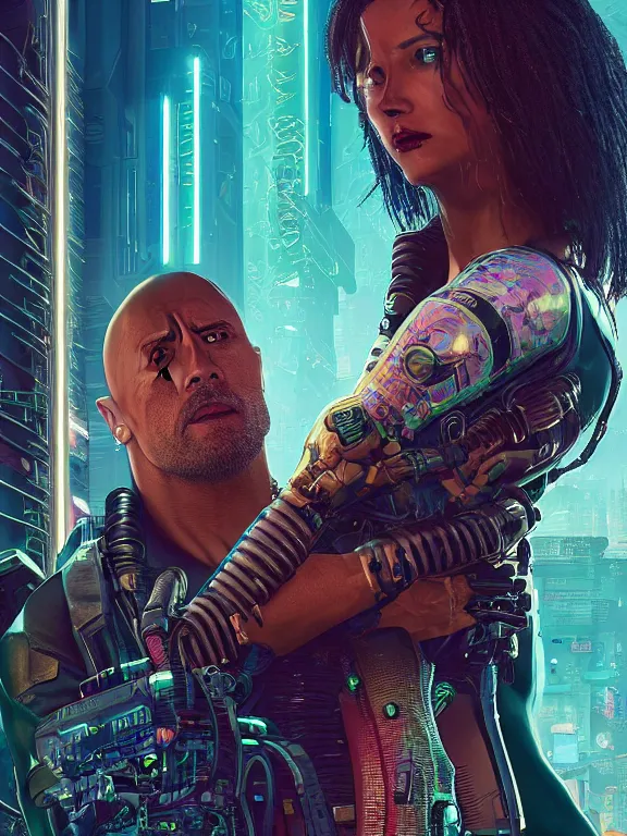 Image similar to a cyberpunk 2077 portrait of Dwayne Johnson kiss a female android complex mess of cables and wires behind them connected to giant computer, love,film lighting, by laurie greasley,Lawrence Alma-Tadema,William Morris,Dan Mumford, trending on atrstation, full of color, highly detailed,8K, octane, Digital painting,golden ratio,cinematic lighting