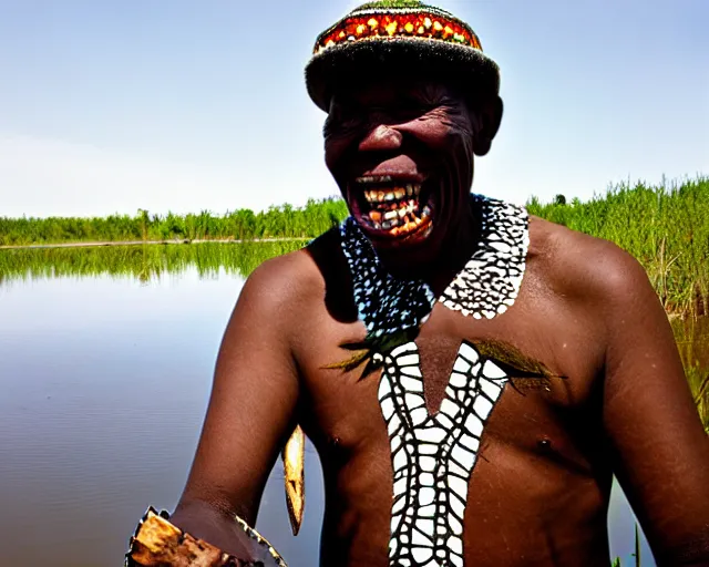 Prompt: wise zulu elder alligator guy has a sharp line of teeth. my teeth are sharp. there is a lake in the foreground with water reflections.