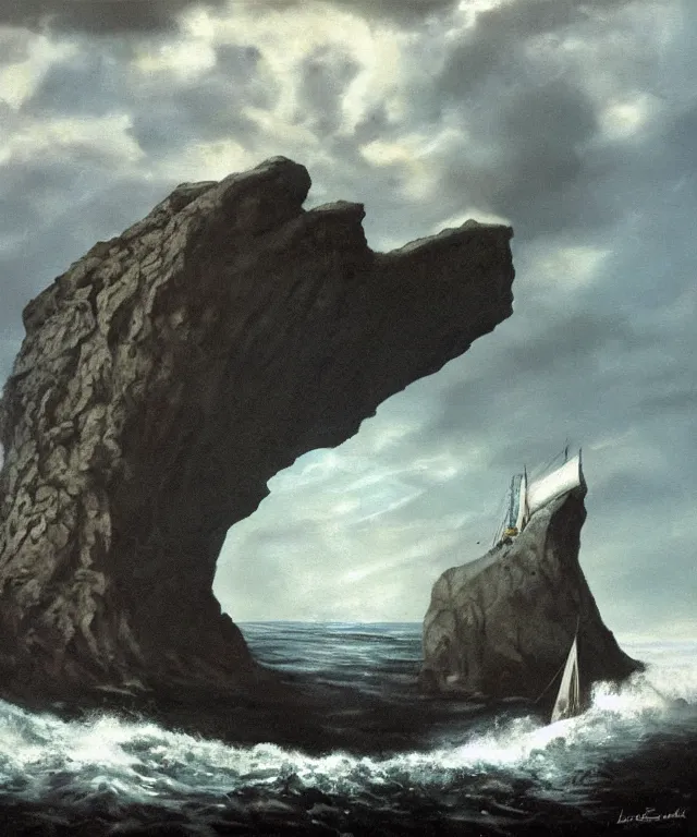 Prompt: photorealistic painting of a 1 9 2 5 seiner sailing near a tropical skull - shaped cliff with the mouth of a sea cave at the waterline, dark, brooding, atmospheric, lovecraft, horror, smooth, epic, highly detailed, cinematic, by larry elmore