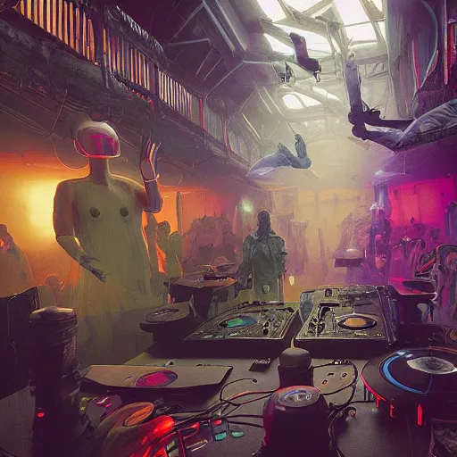 Image similar to highly detailed surreal vfx, 3 d matte render, vr goggles, mannequins, dj rave party, stephen bliss, unreal engine, greg rutkowski, loish, rhads, beeple, makoto shinkai and lois van baarle, ilya kuvshinov, rossdraws, tom bagshaw, global illumination, detailed and intricate environment