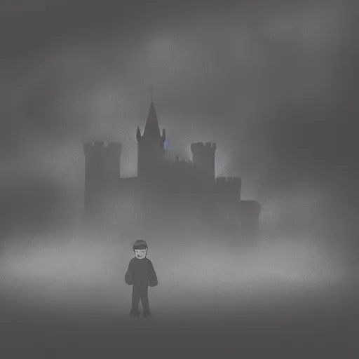 Prompt: a dark vallcy with a huge gloomy castle, fog. a little boy and a black cat