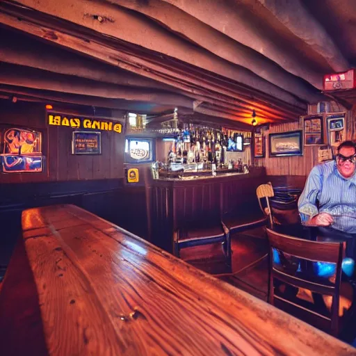 Prompt: recently divorced dad having an existential crisis at a dingy bar, wide angle shot, cinematic lighting, realistic photograph, 4 k,