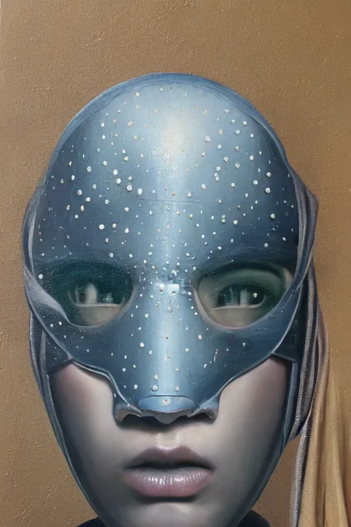 Image similar to hyperrealism oil painting, close - up portrait of face hiding in stingray medieval fashion model, knight, steel gradient mixed with nebula sky, in style of baroque mixed with 7 0 s japan book art