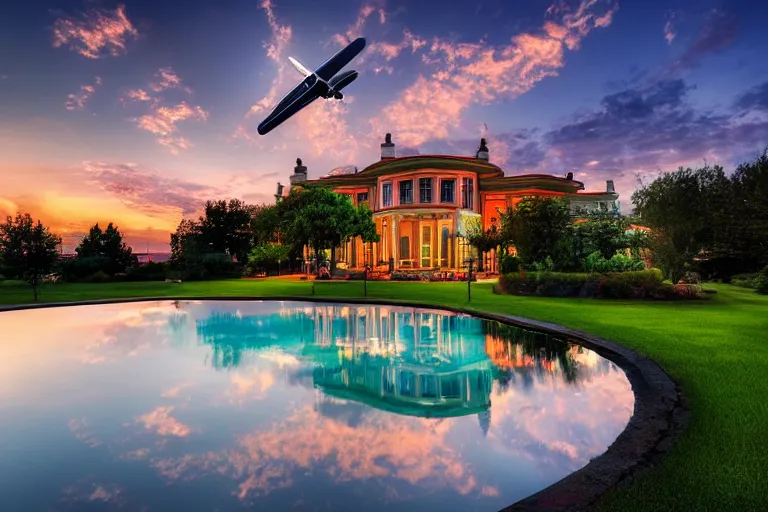 Prompt: photo of beatiful mansion with a beatiful reflective pool, a colorful plane is flying above the clouds, night, intrictave, 8k highly professionally detailed, HDR, Gcsociety