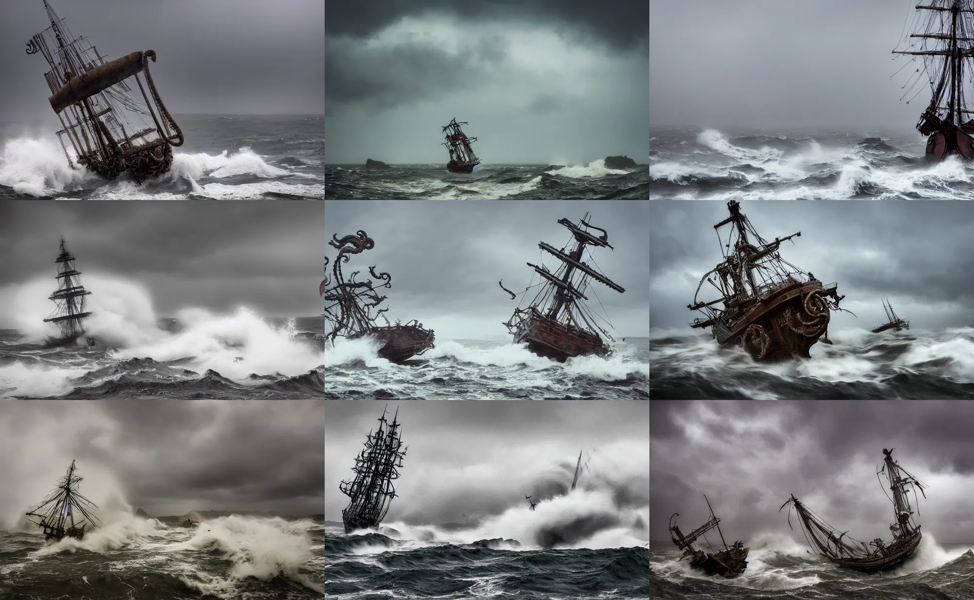 Prompt: nature photography of a kraken attacking a 1 6 th century spanish sailboat, south african coast, rainfall, rough waves, fog, digital photograph, award winning, 5 0 mm, telephoto lens, national geographic