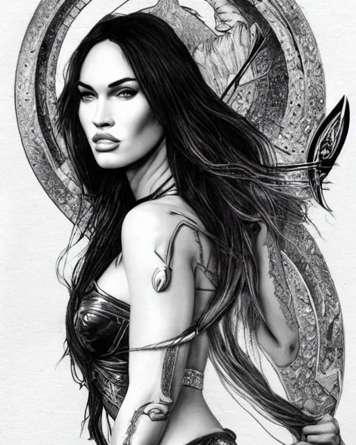 Image similar to portrait of beautiful megan fox as greek goddess aphrodite, archer, arrow on the head, beautiful piercing eyes, flowing blonde hair, realistic face, black and white drawing, in the style of greg rutkowski, fantasy, amazing detail, epic, intricate, elegant, smooth, sharp focus