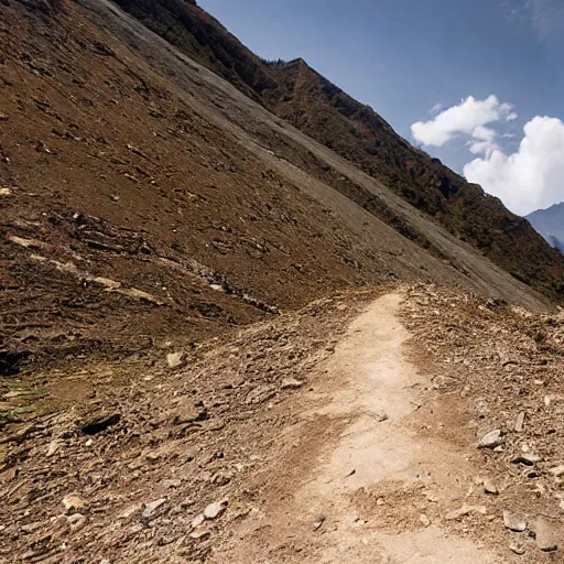 Prompt: POV: walking a dirt path in the tibetan mountains, manga art