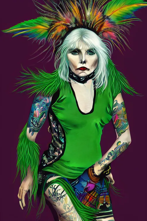 Image similar to portrait of debbie harry as a punk woman with green mohawk, neotraditional tattoos, fishnets, long tartan skirt as phoenix queen, feathers, wings, rainbow clothes,, sci - fi, intricate and very very beautiful and elegant, highly detailed, digital painting, artstation, smooth and sharp focus, illustration, art by tian zi and wlop and alphonse mucha