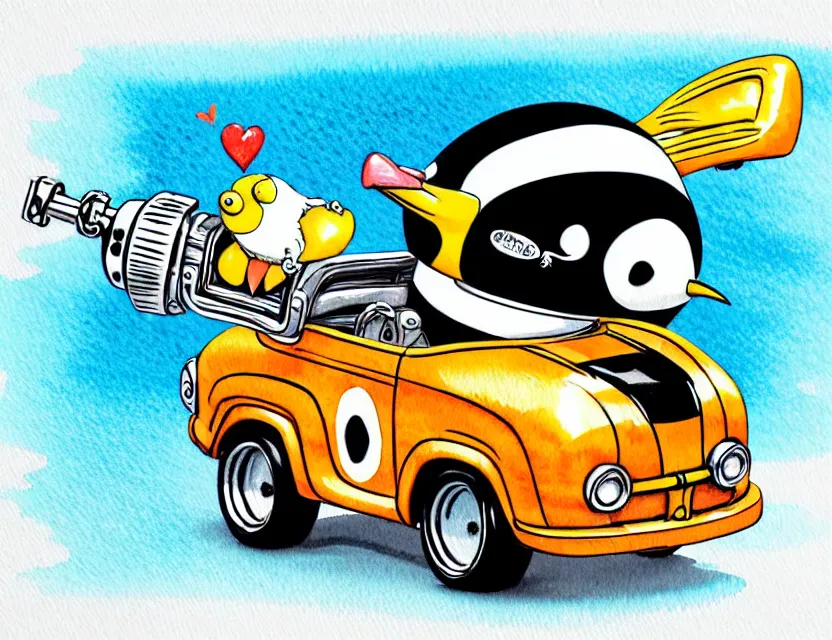 Image similar to cute and funny, penguin wearing a helmet riding in a tiny hot rod with an oversized engine, ratfink style by ed roth, centered award winning watercolor pen illustration, isometric illustration by chihiro iwasaki, edited by range murata, tiny details by artgerm and watercolor girl, symmetrically isometrically centered, sharply focused