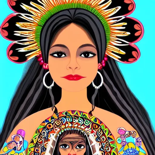 Image similar to beautiful illustration of a mexican woman of 4 0 years old, with curly black and silver hair, the woman has beautiful black eyes, her skin is light brown, she is dressed in shaman clothes, in the style of amanda sage