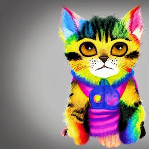 Image similar to wide angle full body, jacket wearing fluffy cute rainbow kitten wearing a black leather motorcycle jacket, concept art