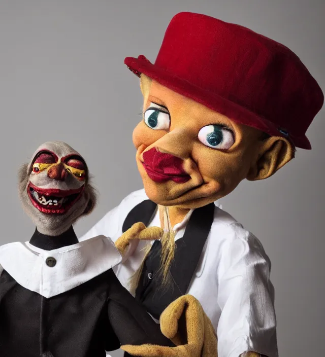 Image similar to hyper realistic photography of ventriloquist puppet, scott radke