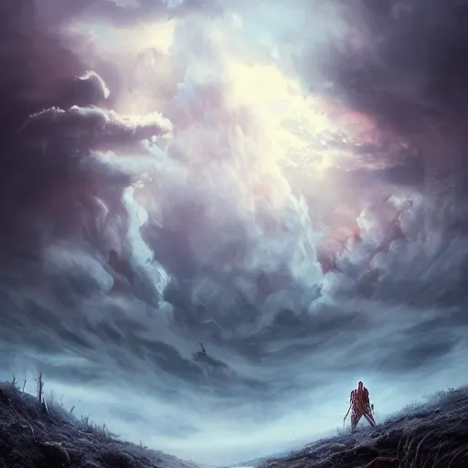 Prompt: heaven vs hell, cloudy sky, Bastien Lecouffe, fantasy, 10 , art Station, 4k UHD