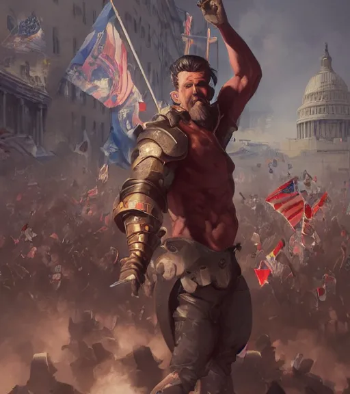 Prompt: Gavin Mcinnes leading the riot in the Capitol, sigma male, art by Stanley Artgerm Lau, WLOP, Rossdraws, Andrei Riabovitchev, Marc Simonetti, Yoshitaka Amano, ArtStation, CGSociety,