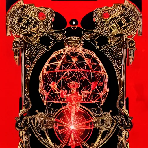 Image similar to black paper + elements + red + black + neon + baroque + rococo + ink + tarot card with ornate border frame + sebastien mitton, viktor antonov, sergey kolesov, detailed, intricate ink illustration + magic + glow + outline + laser + red + black + detailed robot falcon