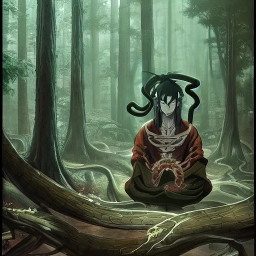 Image similar to kabuto the dragon sage meditates in a dark forest. surrounded by serpents of all sized, orochimaru madaraultra hyper detailed realistic matte painting artstation narutoverse stylized beautiful lighting moody gloomy