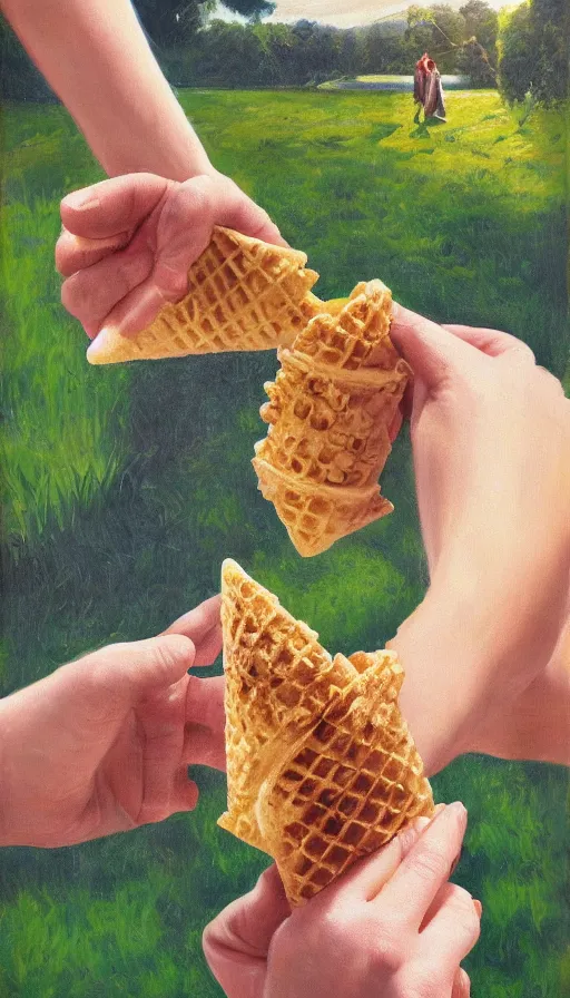 Prompt: still-life painting of hand holding a waffle cone (containing scoops of gelato) by Krøyer, lush garden in the background, golden hour, dramatic lighting, volumetric lighting, intricate detail, canvas print